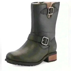 UGG Chaney Oiled Leather Boot in Black with Zipper and Buckle Details